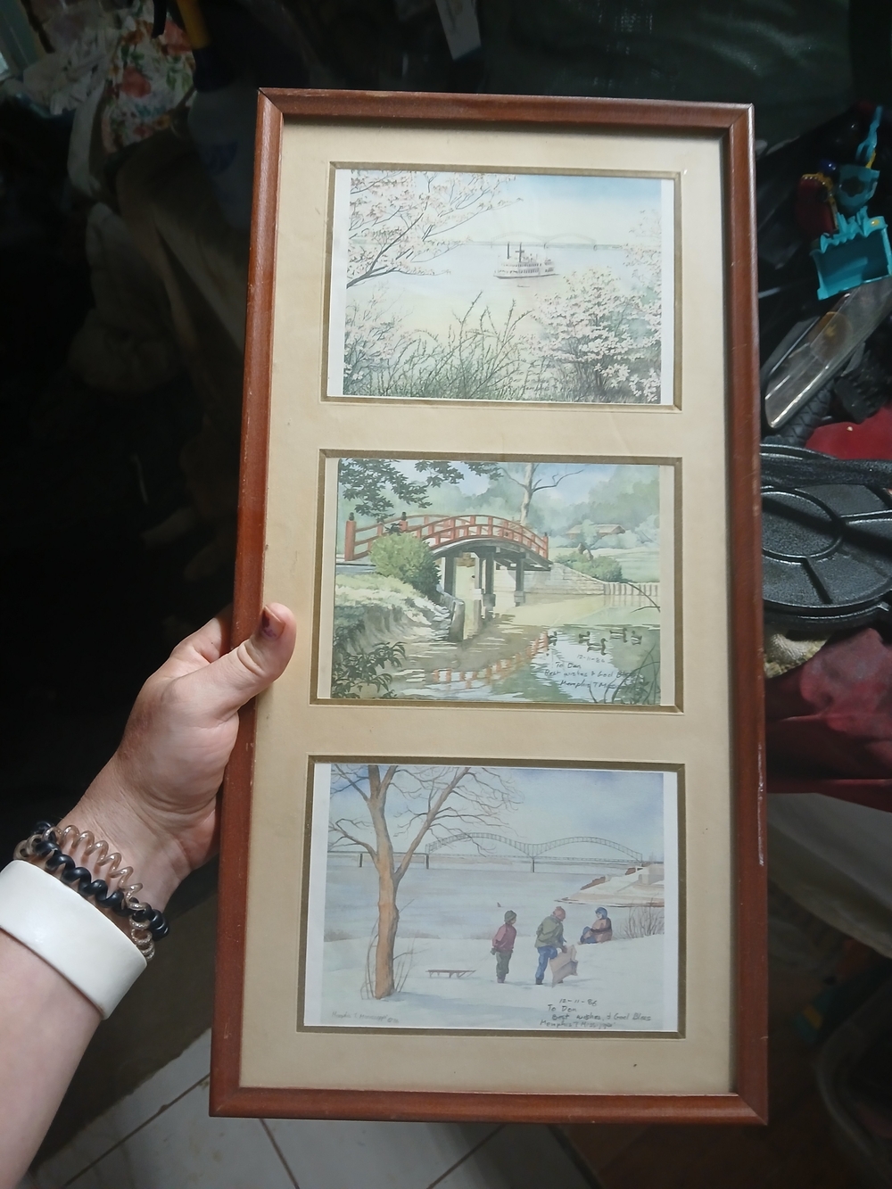 19" X 9.5" Wood Framed X3 Watercolor Prints Bridge Themed Memphis TN